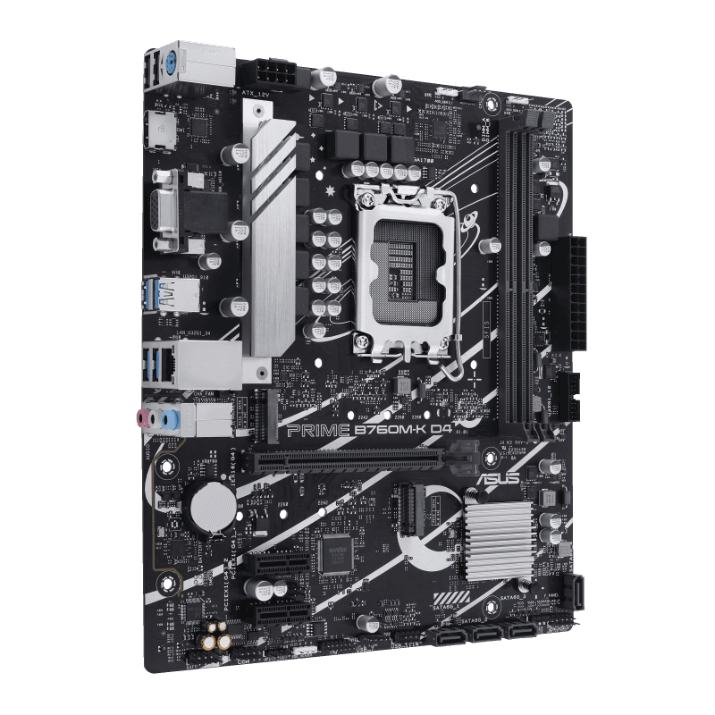 ASUS Prime B760M-K D4, an Intel B760 LGA 1700 mATX motherboard with PCIe 4.0, two PCIe 4.0 M.2 slots, DDR4, Realtek 2.5Gb Ethernet, VGA, HDMI, SATA 6 Gbps, front USB 3.2 Gen 1, Aura Sync| 90MB1DS0-M0EAY0 – Buy Online