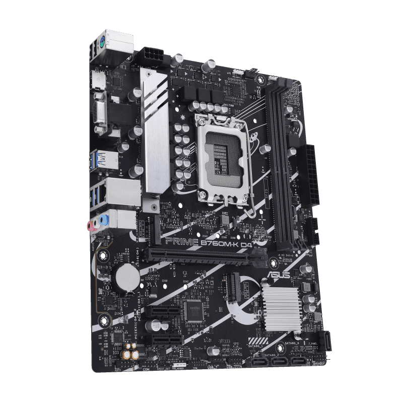 Asus ASUS Prime B760M-K D4, an Intel B760 LGA 1700 mATX motherboard with PCIe 4.0, two PCIe 4.0 M.2 slots, DDR4, Realtek 2.5Gb Ethernet, VGA, HDMI, SATA 6 Gbps, front USB 3.2 Gen 1, Aura Sync| 90MB1DS0-M0EAY0 - product view 2 of 6