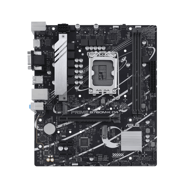 Asus ASUS Prime B760M-K D4, an Intel B760 LGA 1700 mATX motherboard with PCIe 4.0, two PCIe 4.0 M.2 slots, DDR4, Realtek 2.5Gb Ethernet, VGA, HDMI, SATA 6 Gbps, front USB 3.2 Gen 1, Aura Sync| 90MB1DS0-M0EAY0 - product view 3 of 6