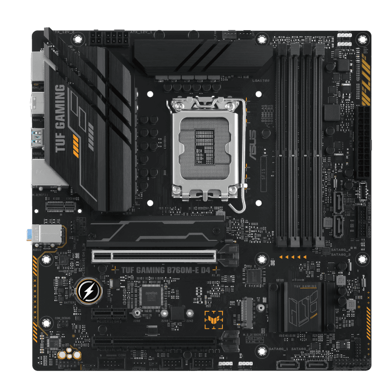Asus ASUS TUF GAMING B760M-E D4 LGA1700 mATX Motherboard, Intel B760 Chipset, 4x DDR4 DIMM, 128GB Max Memory, 2.5Gb Ethernet, 2 x M.2, PCIe 4.0, USB 3.2 10G/5G, HDMI / DP / PS/2 | 90MB1E90-M0EAY0 - product view 2 of 8