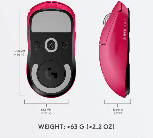 Logitech Logitech G Pro X Superlight Wireless Mouse, 2.4 GHz Connectivity, 40G Acceleration, 25600DPI Hero Optical Sensor, Up To 70 Hour Battery Life, 5 Buttons, Windows and Mac Compatible, Pink | 910-005957 - product view 3 of 4