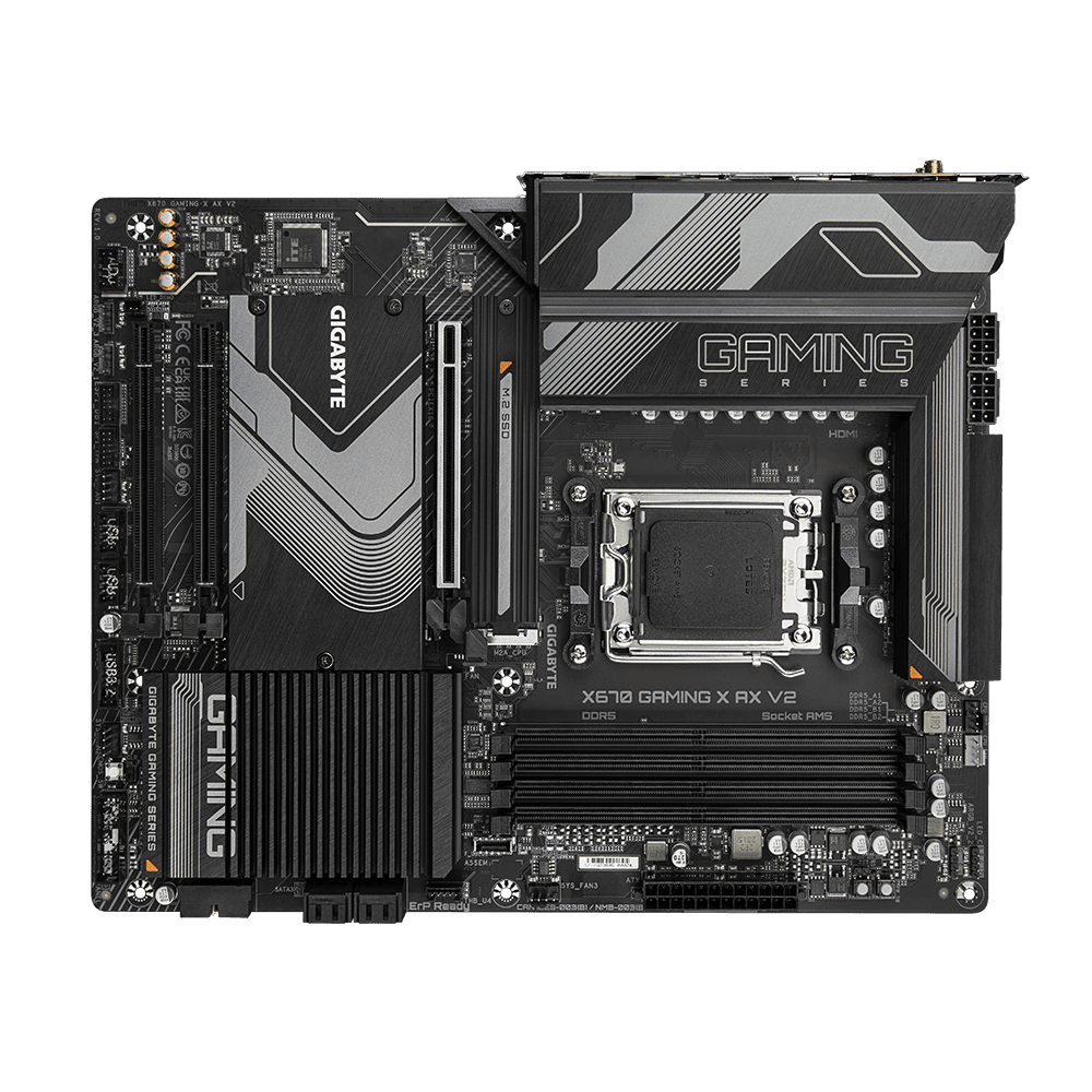 Gigabyte Gigabyte X670 GAMING X AX V2 ATX Motherboard, AM5, DDR5, 4xSMD DIMMs, 1xPCIe 5.0 x4 and 3xPCIe 4.0 x4 M.2, 2.5GbE LAN & Wi-Fi 6E 802.11ax, Q-Flash Plus, Smart Fan 6 | X670 GAMING X AX V2 DDR5 - product view 3 of 5