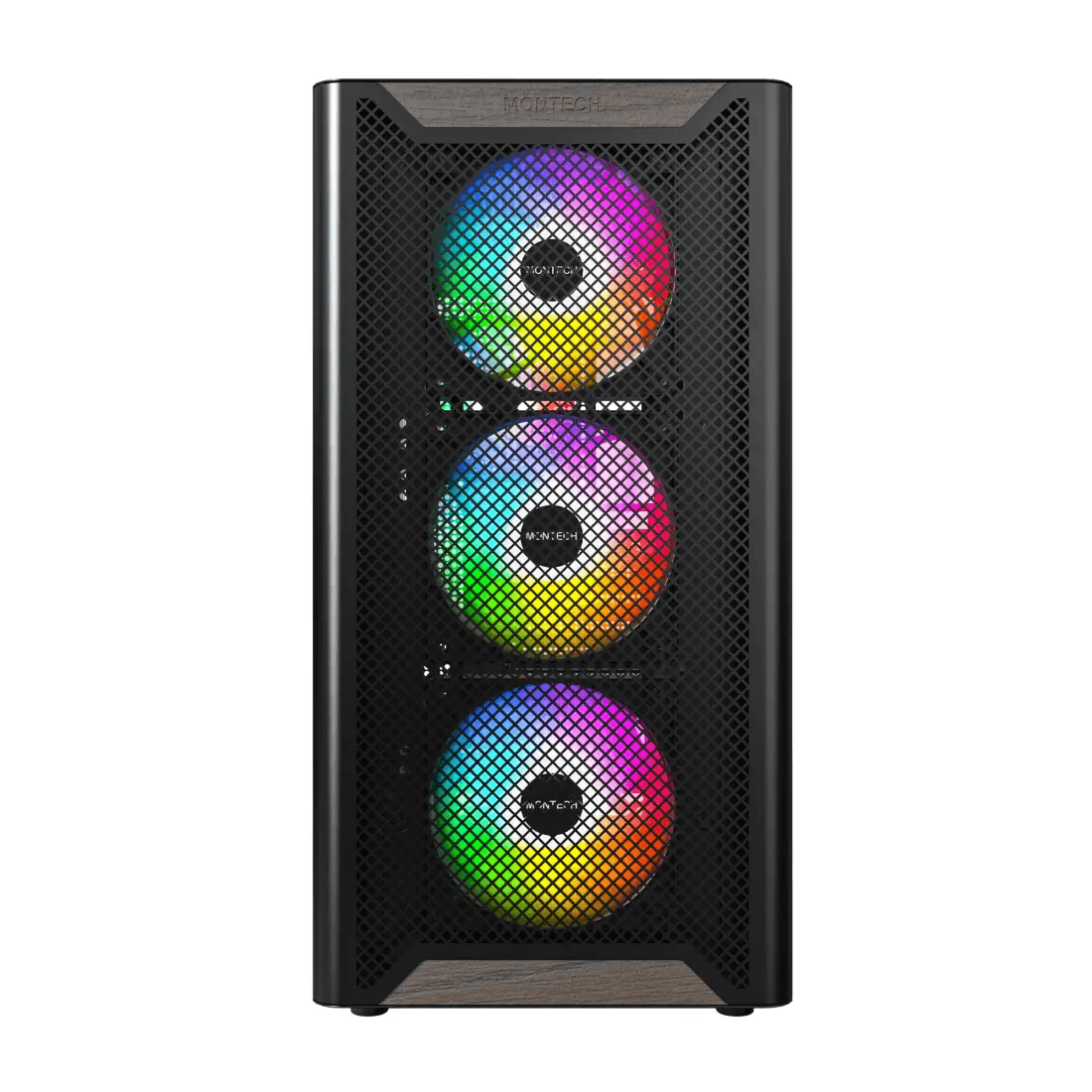 Montech Montech XR Wood Mid Tower Case, American Walnut wood plates, MB Support Upto ATX, 4x Pre-installed GF120 ARGB PWM Fan, Supports 360mm AIO Cooler, USB 3.0, USB Type-C,  Black | XR Wood - product view 2 of 6