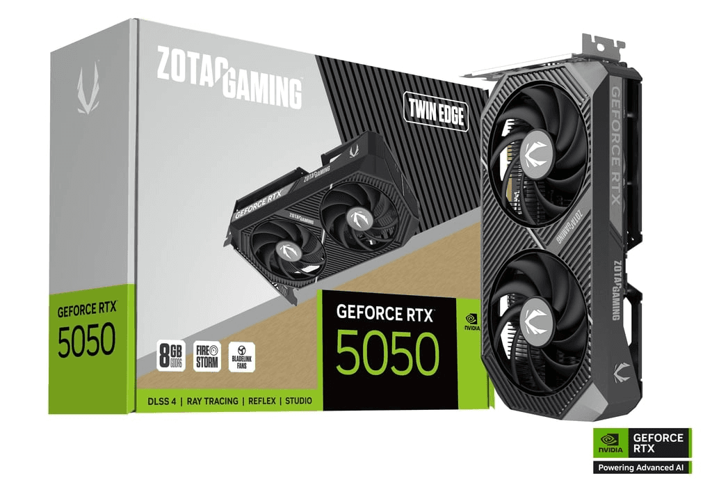 ZOTAC GAMING GeForce RTX 5050 Twin Edge 8GB GDDR6 Graphics Card, 128-bit 20 Gbps, 2560 CUDA cores, 2572 MHz Engine Clock, SFF-Ready, NVIDIA Blackwell architecture and DLSS 4 |  ZT-B50500E-10M – Buy Online