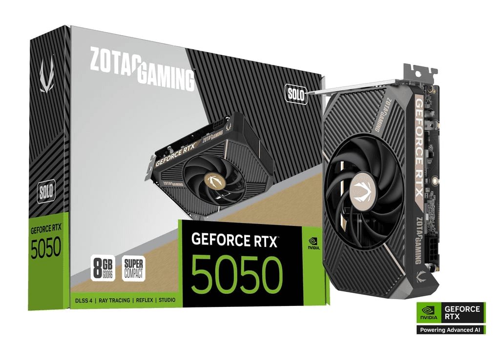 ZOTAC GAMING GeForce RTX 5050 SOLO 8GB GDDR6 ITX-Ready ultra-compact Graphics Card, 128-bit 20 Gbps, NVIDIA Blackwell architecture and DLSS 4 | ZT-B50500G-10L – Buy Online