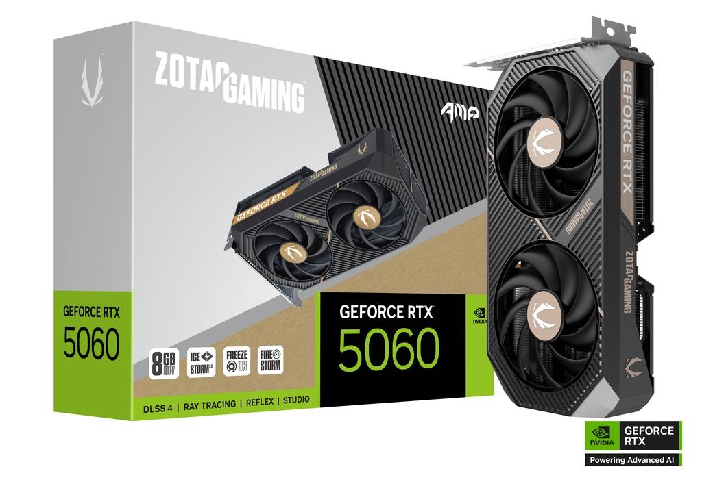 ZOTAC GAMING GeForce RTX 5060 AMP Graphic Card, 8GB GDDR7, 128-bit 28 Gbps, 2550 MHz Engine Clock, 3840 CUDA cores, NVIDIA Blackwell architecture and DLSS 4 | ZT-B50600F-10M – Buy Online