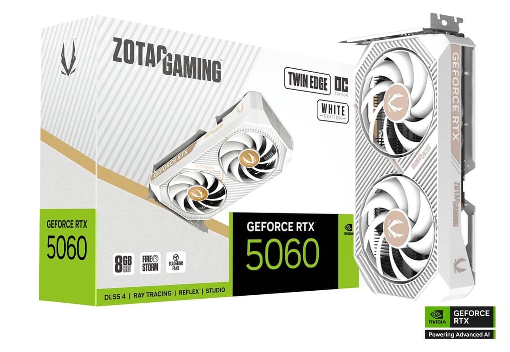 ZOTAC GAMING GeForce RTX 5060 Twin Edge OC White Edition 8GB GDDR7 Graphics Card, 128-bit 28 Gbps, 3840 CUDA cores, SFF-Ready compact, NVIDIA Blackwell architecture and DLSS 4 | ZT-B50600Q-10M