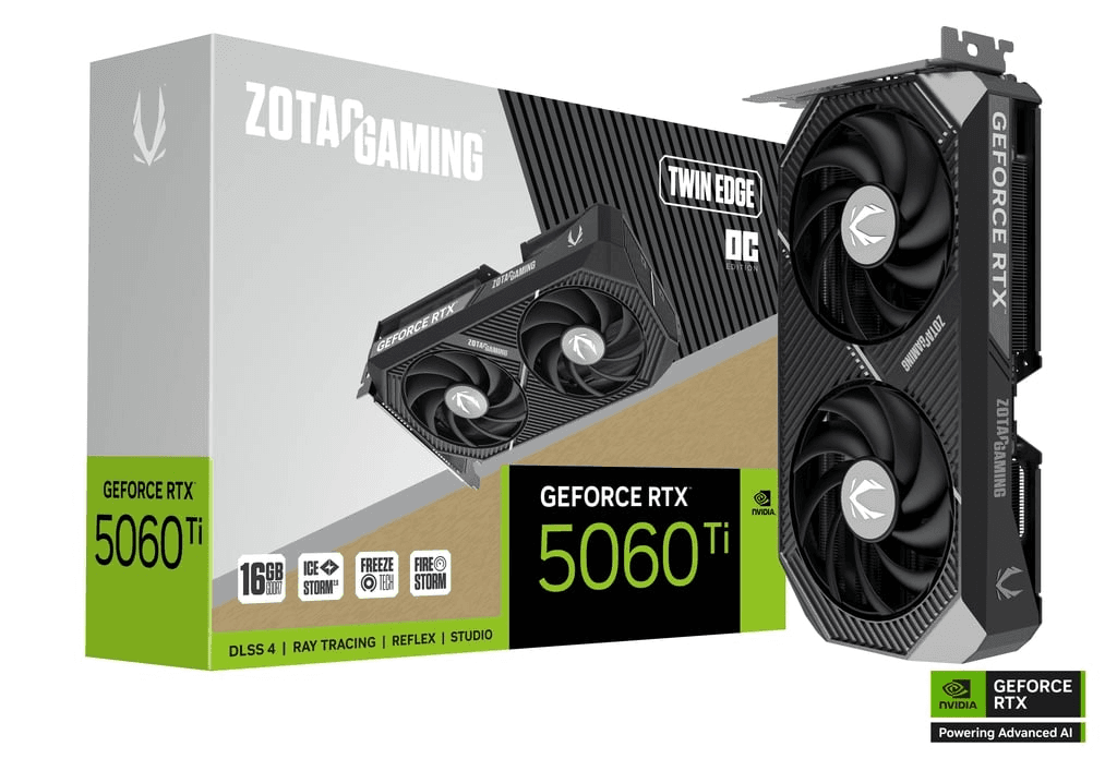 ZOTAC GAMING GeForce RTX 5060 Ti 16GB Twin Edge OC Graphic card, 16GB GDDR7, 128-bit 28 Gbps, 4608 CUDA Cores, 2602 MHz Engine Clock, NVIDIA Blackwell architecture and DLSS 4 | ZT-B50620H-10M – Buy Online