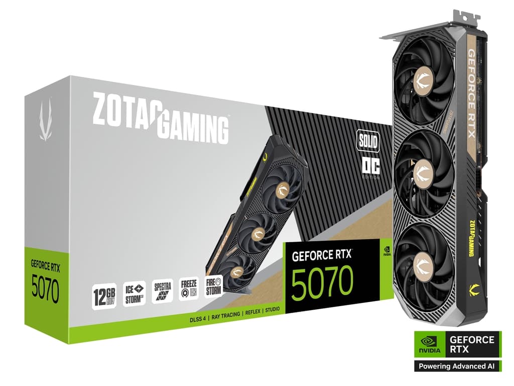 ZOTAC GAMING NVIDIA GeForce RTX 5070 SOLID OC Graphic card, 12GB GDDR7, 28 Gbps, 192-bit, 6144 CUD Cores, Max Boost 2542 MHz SPECTRA RGB Lighting | ZT-B50700J-10P