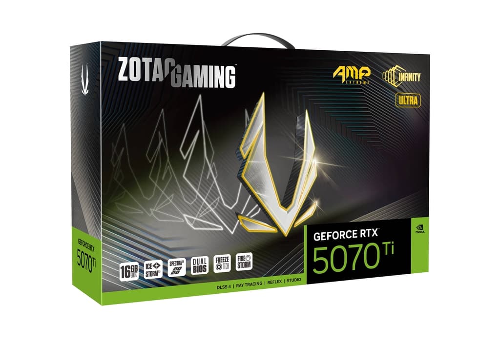 ZOTAC ZOTAC GAMING GeForce RTX 5070 Ti AMP Extreme INFINITY ULTRA 16GB GDDR7 Graphics Card, 28 Gbps 256-bit, 8960 CUDA cores, NVIDIA Blackwell architecture and DLSS 4  | ZT-B50710BU-10P - product view 1 of 8