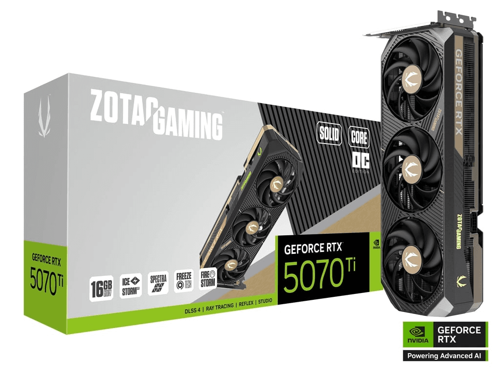 ZOTAC ZOTAC GAMING GeForce RTX 5070 Ti SOLID CORE OC Graphic card, 16GB GDDR7, 256-bit 28 Gbps, 8960 CUDA cores, 2482 MHz Engine Clock,  NVIDIA Blackwell architecture and DLSS 4 | ZT-B50710J2-10P - product view 1 of 6