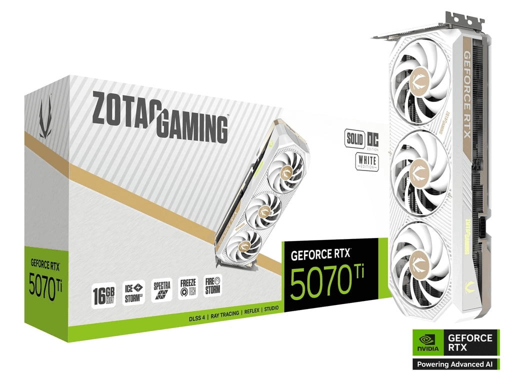 ZOTAC GAMING GeForce RTX 5070 Ti SOLID CORE OC White Edition Graphic card, 16GB GDDR7, 256-bit 28 Gbps, 8960 CUDA cores, 2482 MHz Engine Clock, NVIDIA Blackwell architecture and DLSS 4  | ZT-B50710Q2-10P – Buy Online
