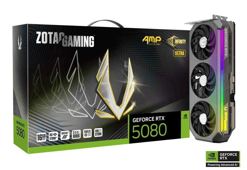 ZOTAC GAMING GeForce RTX 5080 AMP Extreme INFINITY ULTRA Graphic card, 16GB GDDR7, 256-bit 30 Gbps, 10752 CUDA cores, 2730 MHz Engine Clock, NVIDIA Blackwell architecture and DLSS 4   | ZT-B50800BU-10P – Buy Online