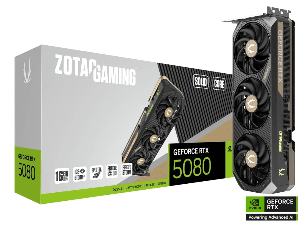 ZOTAC GAMING GeForce RTX 5080 SOLID CORE Graphic card, 16GB GDDR7, 256-bit 30 Gbps, 2617 MHz Engine Clock, NVIDIA Blackwell architecture and DLSS 4  | ZT-B50800D2-10P – Buy Online