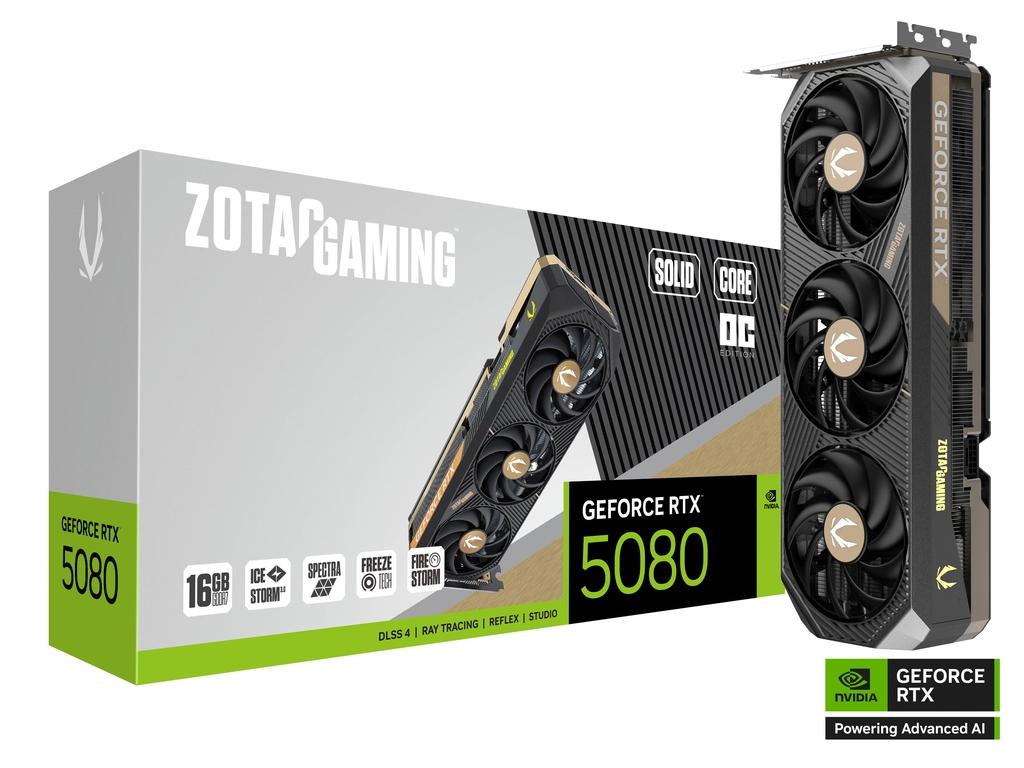 ZOTAC GAMING NVIDIA GeForce RTX 5080 SOLID CORE OC Graphics card, 16GB GDDR7, 30 Gbps, 256-bit, 10752 CUDA cores, 2640 MHz Engine Clock, Blackwell architecture and DLSS 4, Quad Display Capability | ZT-B50800J2-10P – Buy Online