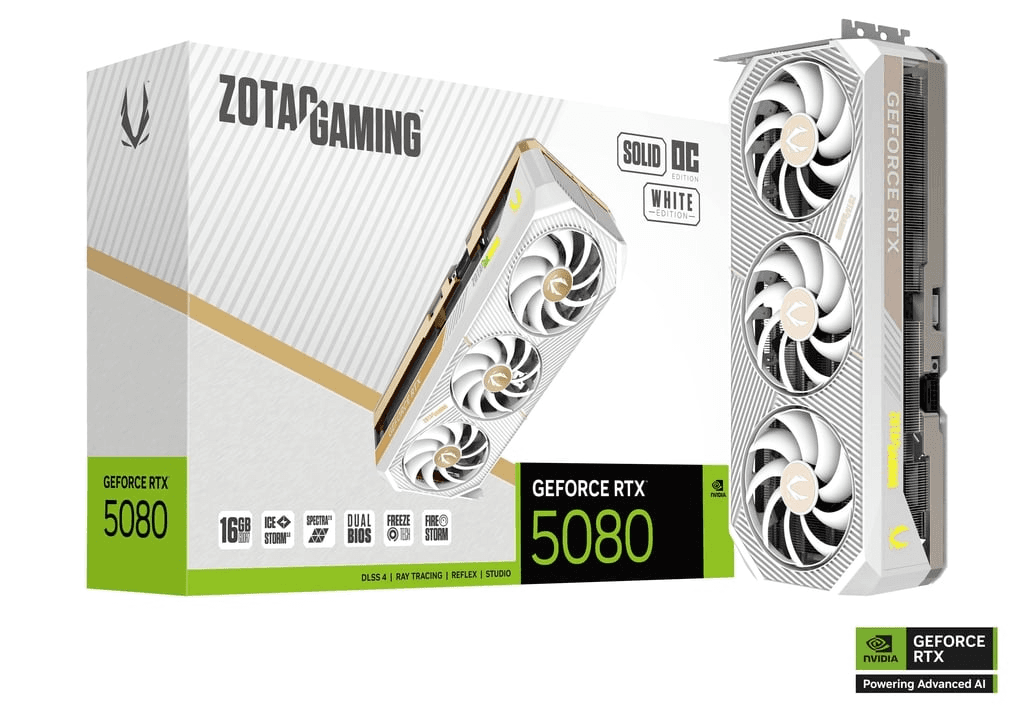 ZOTAC GAMING GeForce RTX 5080 SOLID OC White Edition Graphic card, 16GB GDDR7, 30 Gbps 256-bit, 10752 CUDA cores, PCI Express 5.0 x16, NVIDIA Blackwell architecture and DLSS 4 | ZT-B50800Q-10P – Buy Online