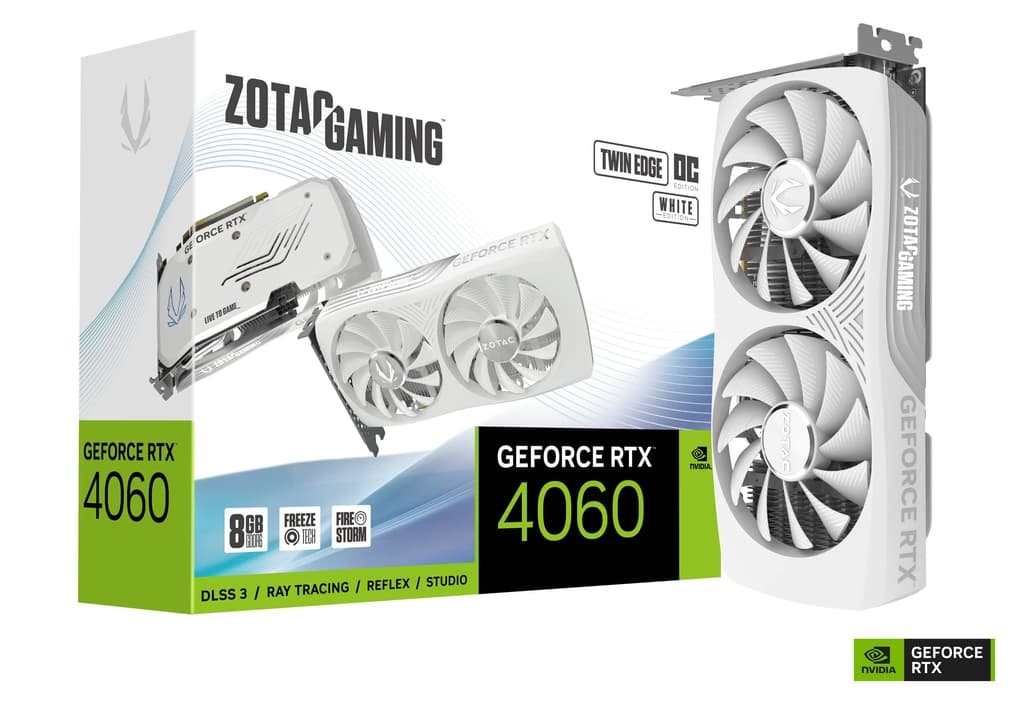 ZOTAC ZOTAC GAMING GeForce RTX 4060 8GB Twin Edge OC White Edition Graphic card, 8GB GDDR6, PCI, 3072 CUDA cores, 128-bit, 3 x DisplayPort, 1 x HDMI, Air Cooled | ZT-D40600Q-10M - product view 2 of 6