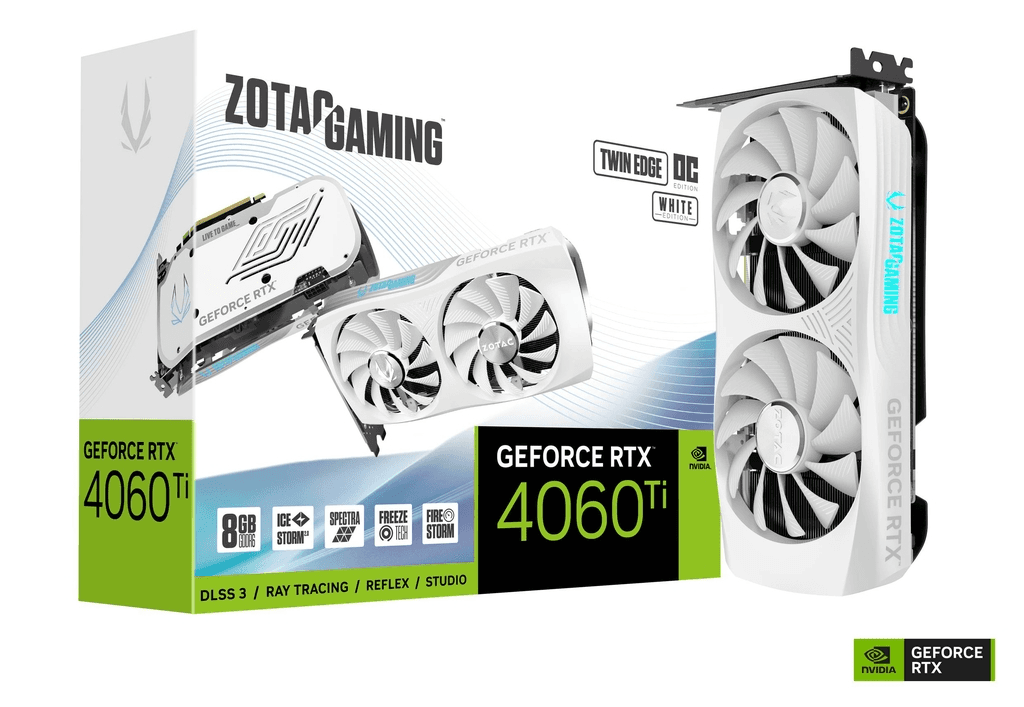 ZOTAC  ZOTAC GAMING GeForce RTX 4060 Ti 8GB Twin Edge OC White Edition Graphics Card, 8GB GDDR6 128-bit Memory, 2565MHz Engine Clock , 4352 CUDA cores, 3 x DisplayPort 1.4a (up to 7680x4320@60Hz) 1 x HDMI?? Connector | ZT-D40610Q-10M - product view 1 of 5