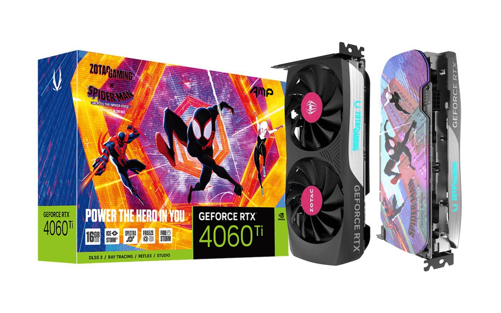 ZOTAC ZOTAC GAMING GEFORCE RTX 4060 Ti AMP SPIDER-MAN Edition Graphics Card, 16GB GDDR6 128-bit Memory, 2595MHz Boost Clock, 18Gbps Memory Speed, PCI E 4.0, 3x DP1.4a / 1x HDMI | ZT-D40620F-10SMP - product view 2 of 8