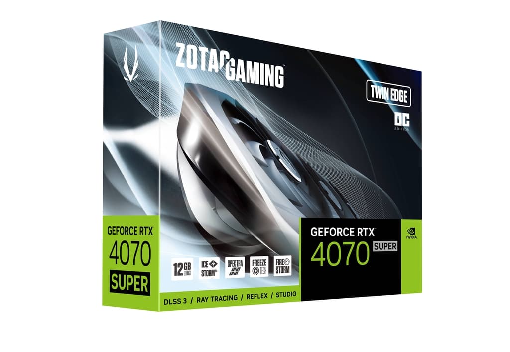 ZOTAC ZOTAC GAMING GeForce RTX 4070 SUPER Twin Edge OC 12GB GDDR6X graphic card, 7168 CUDA cores, 2490 MHz, 21 Gbps, 192-bit,12 Ultimate DirectX, IceStorm 2.0 | ZT-D40720H-10M - product view 1 of 8