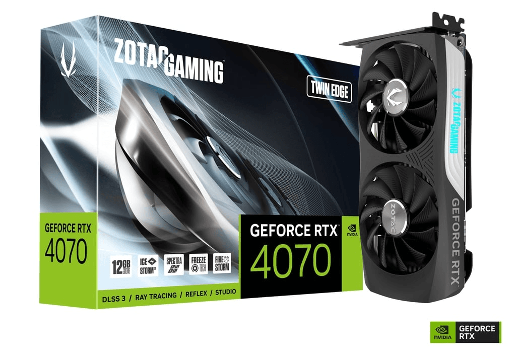 ZOTAC ZOTAC GAMING GeForce RTX 4070 Twin Edge Graphics Card, 12GB GDDR6X 192-Bit Memory, 2475 MHz Boost Clock, 5888 CUDA Cores, 21 Gbps Memory Clock, PCI Express 4.0, 3 x DP / 1x HDMI | ZT-D40740E-10M - product view 3 of 5