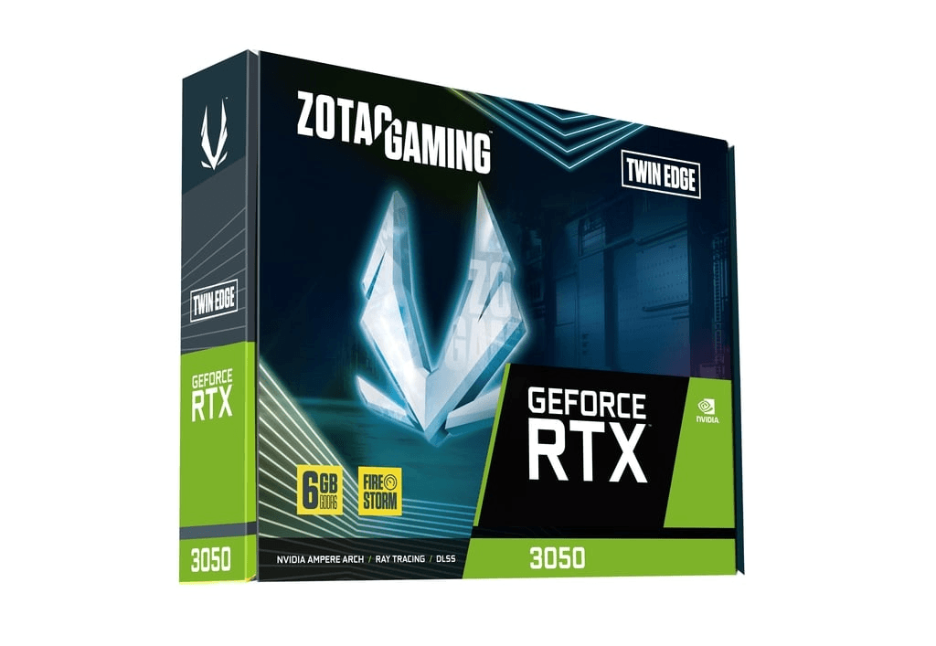 ZOTAC GAMING GeForce RTX 3050 6GB GDDR6 Twin Edge Graphics Card, ZT-A30510H-10L. 2304 Cores; Boost: 1477 MHz; 6GB GDDR6 / 14 Gbps / 96-bit. – Buy Online