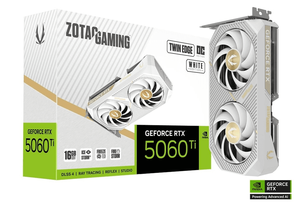 ZOTAC NVIDIA GAMING GeForce RTX 5060 Ti 16GB Twin Edge OC White Edition Graphics Card, 16GB GDDR7, 128-bit 28 Gbps, 4608 CUDA cores, SFF-Ready, Blackwell Architecture, DLSS4 | ZT-B50620Q-10M – Buy Online