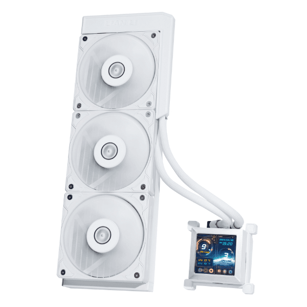 Lian Li HydroShift LCD 360S AIO White Liquid Cooler, 2.88???LCD Screen, 3800RPM (Max.) Pump Speed, 5 mm H2O???Max.) Air Pressure, 73.14 CFM???Max.) Air Flow, FDB Bearing | HSLCD36SW WHITE