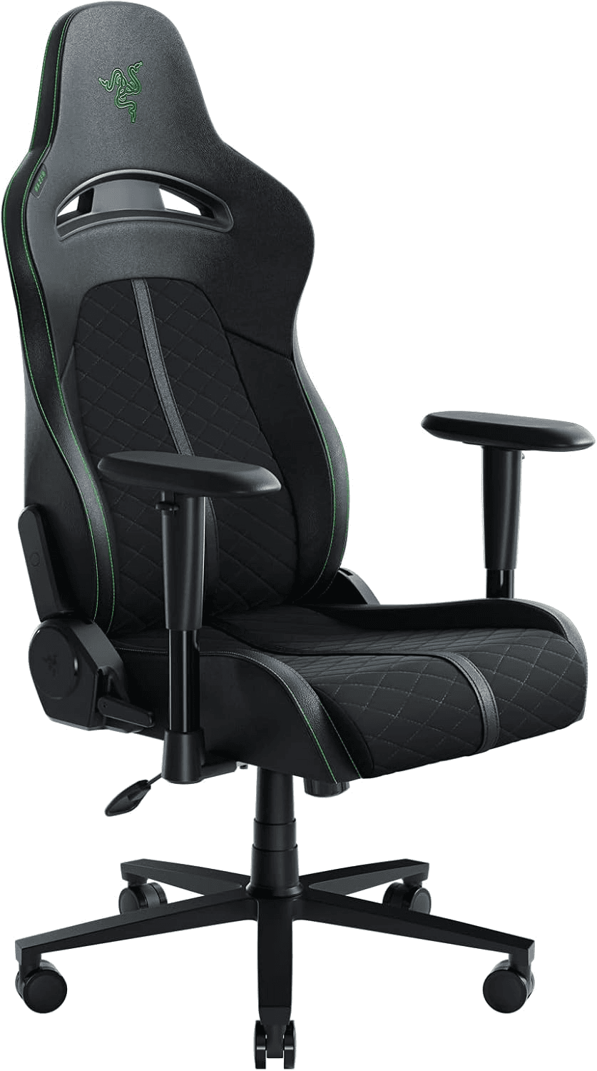 Razer Enki X Essential Leather Gaming Chair, 2D Armrests, Built-In Lumbar Arch, Optimized Cushion Density, Adjustable 152° Recline, 60mm PU Coated Casters, Black & Green | RZ38-03880100-R3G1RZ38-03880100-R3G1