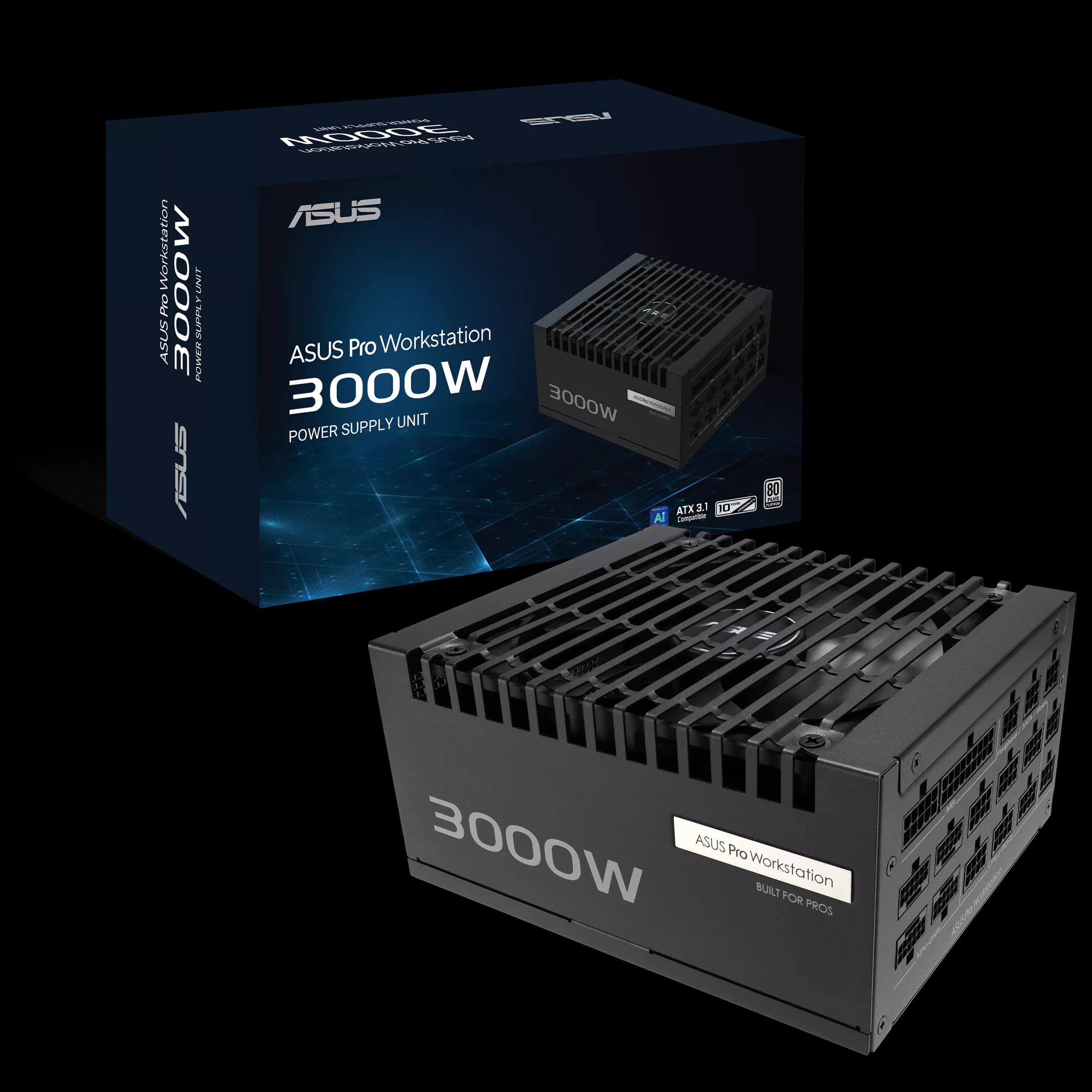 ASUS Pro WS 3000W Platinum Power Supply PSU, Heavy-duty PSU, ATX 3.1 compatible, PCIe 5.1 ready, Dual-ball fan bearings, 80 PLUS Platinum certified, Supports up to 4x GeForce RTX 5090 Graphics Cards |  90YE00Z0-B0EA00