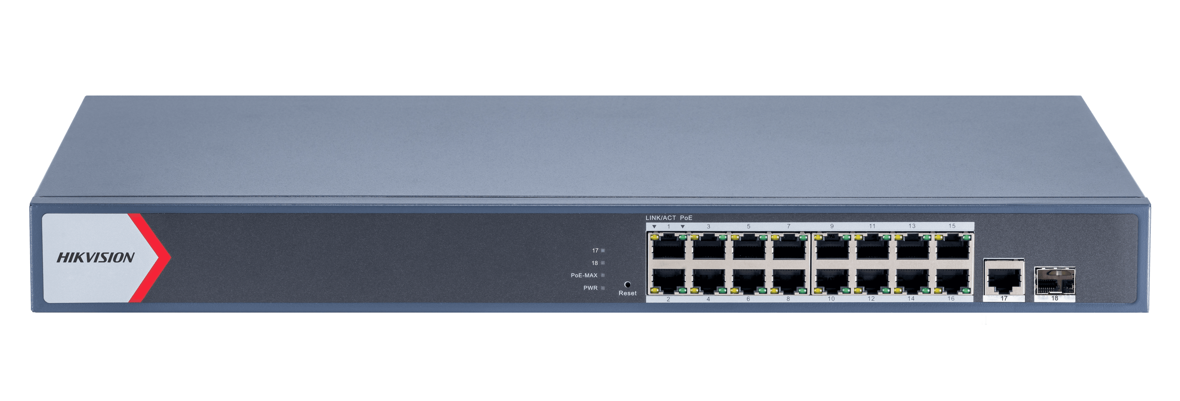Hikvision DS-3E1518P-EI 16 Port Gigabit Smart POE Switch, 16x gigabit PoE RJ45 ports, 1x gigabit RJ45 port, 1x gigabit fiber optical port