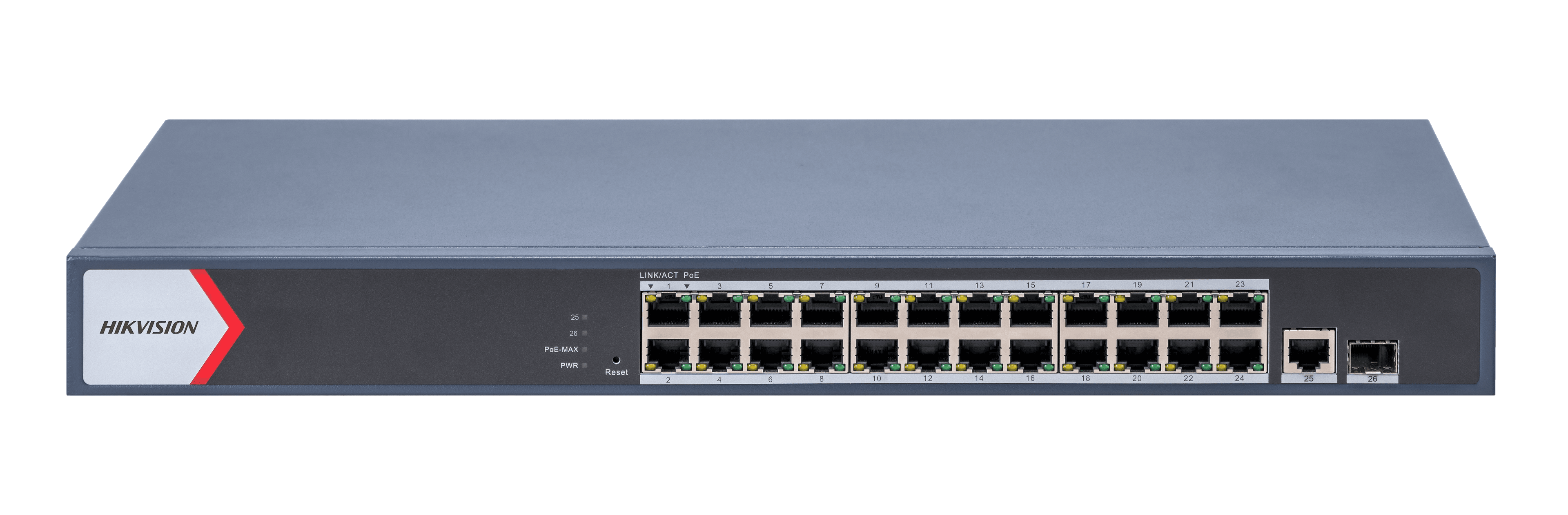 Hikvision DS-3E1526P-EI/M 24 Port Gigabit Smart POE Switch, 24x Gigabit PoE RJ45 Ports, 1x Gigabit RJ45 Port, 1x Gigabit Fiber Optical Port, MAC Address Table 8 K. Switching Capacity 56 Gbps. Packet Forwarding Rate