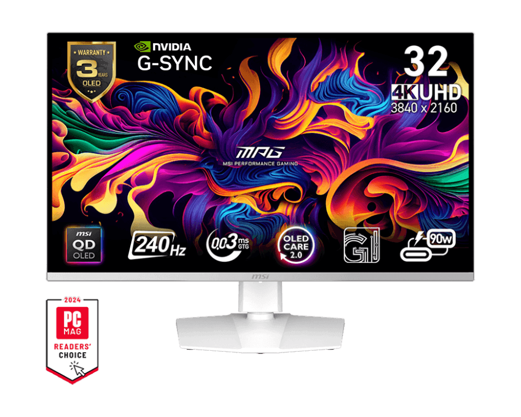 MSI MPG 321URXW QD-OLED 32 Inch White Gaming Monitor 4K UHD (3,840 x 2,160), 240Hz, 0.03ms (GTG), Anti-Flicker, Adaptive-Sync, AI Vision, DisplayHDR True Black 400, Gaming Intelligence, KVM Switch, Mystic Light, USB Hub, (90W)  Power Delivery, 3-Year Burn-In Warranty  | 9S6-3DD29A-038