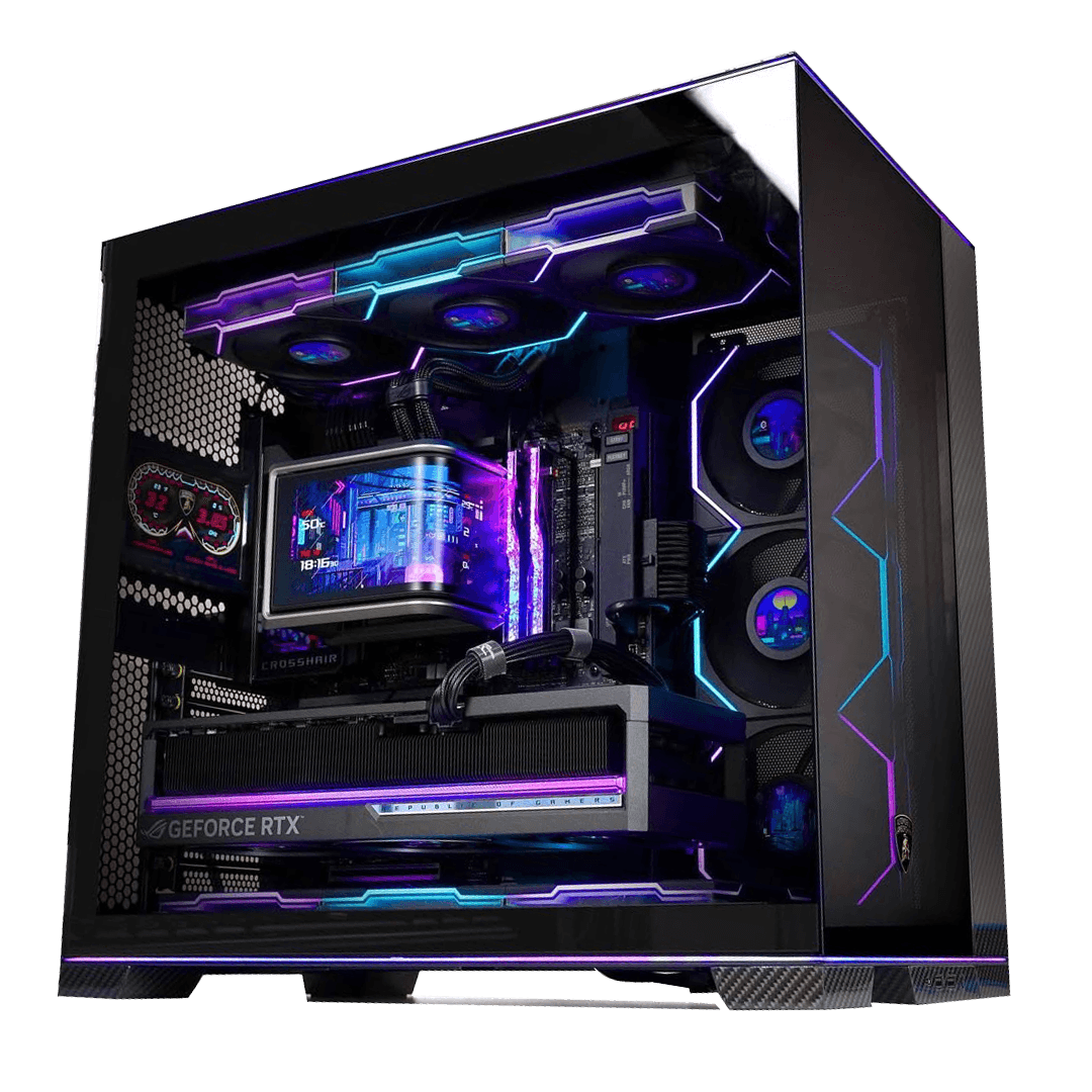 Elite ROG Gaming PC: AMD Ryzen 7 9800X3D + ASUS ROG ASTRAL RTX 5080 16GB GDDR7, 32GB DDR5 6000MHz CL30 RGB, 2TB Samsung 990 PRO NVMe SSD, 360mm ASUS ROG RYUO IV SLC AMOLED AIO, 1000W Gold, WiFi 7, Lian Li O11D EVO RGB Lamborghini Edition