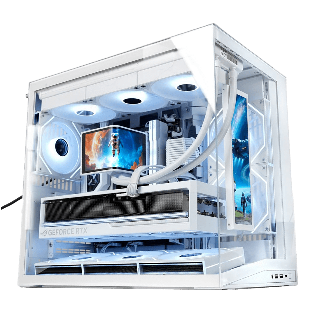 White MINI O11 Gaming & Creator PC, AMD Ryzen 9 9950X3D, ROG ASTRAL RTX 5080 White OC, 32GB (2x16GB) DDR5 6000MHz, 2TB Gen 5.0 NVMe  Up to 14 GB, Curved ARGB Liquid Cooler, 1000W, O11 Dynamic Mini V2 Flow White