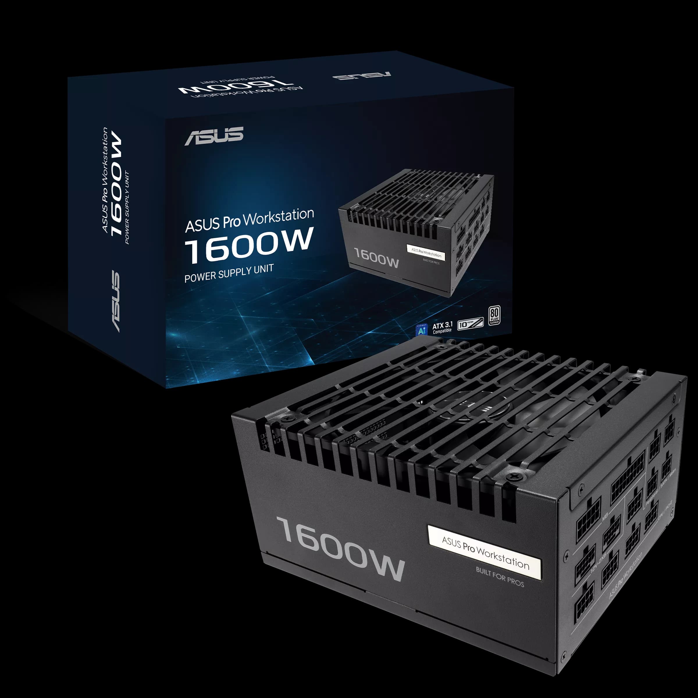 ASUS Pro WS 1600W Platinum Power Supply (PSU), ATX 3.1 Compatible, PCIe 5.1 Ready, Heavy-duty PSU, 80 PLUS Platinum certified, Dual-ball fan bearings | 90YE00Z2-B0NA00