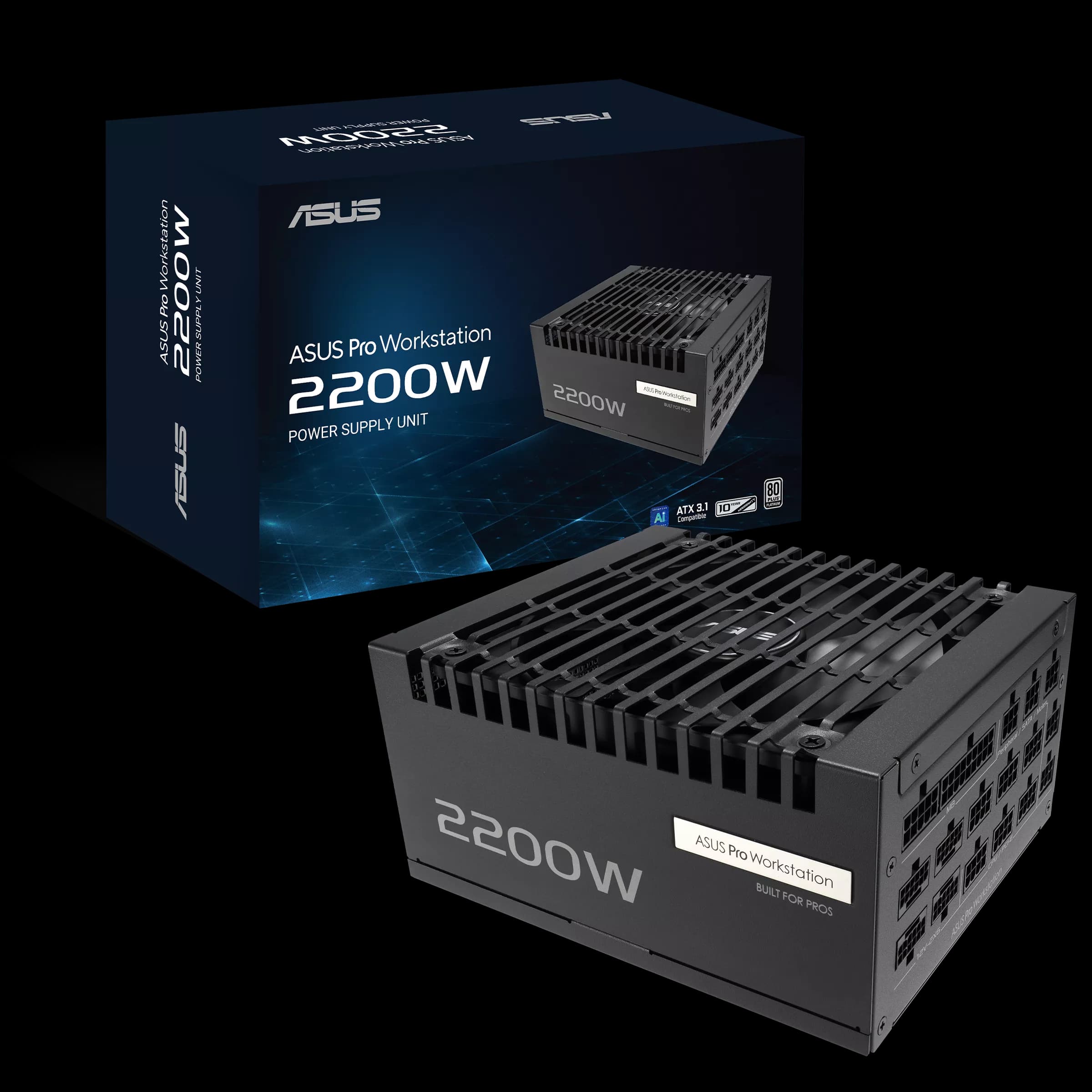 ASUS Pro WS 2200W Platinum Power Supply (PSU), Heavy-duty PSU, ATX 3.1 Compatible, PCIe 5.1 ready, 80 PLUS Platinum, Dual-ball fan bearings, up to 4x NVIDIA GeForce RTX 5080 Graphics Cards | 90YE00Z1-B0NA00