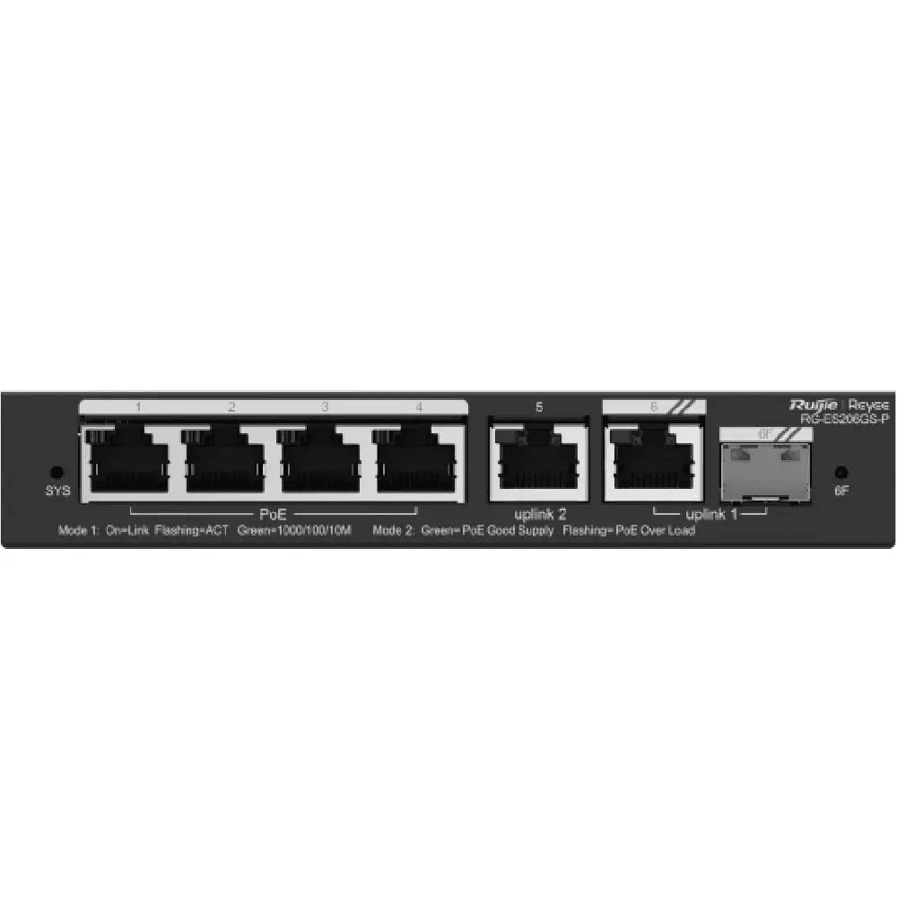 Ruijie RG-ES206GS-P, 6-Port Gigabit Smart Cloud Managed PoE+ Switch, 4 PoE+ Ports, 54W