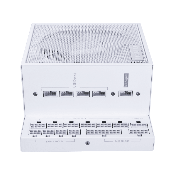 Lian Li EDGE 850 Fully Modular Power Supply, 850W, L-Shape Design, 80 Plus Platinum, 120mm FDB Fan, ATX 3.0 & 3.1 Compliant, PCIe 5.1 Support, Active PFC, White | EGO850 WHITE