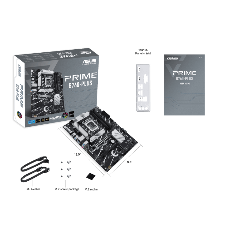 ASUS Prime B760-PLUS, an Intel?? B760 LGA 1700 ATX motherboard with PCIe 5.0, three PCIe 4.0 M.2 slots, DDR5, Realtek 2.5Gb Ethernet, DisplayPort, VGA, HDMI???, SATA 6 Gbps, USB 3.2 Gen 2x2 Type-C??, front USB 3.2 Gen 1 Type-C??, 90MB1EF0-M0EAY0
