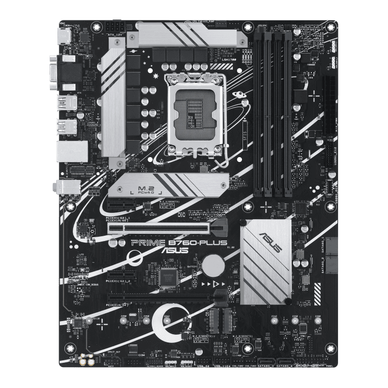ASUS Prime B760-PLUS, an Intel?? B760 LGA 1700 ATX motherboard with PCIe 5.0, three PCIe 4.0 M.2 slots, DDR5, Realtek 2.5Gb Ethernet, DisplayPort, VGA, HDMI???, SATA 6 Gbps, USB 3.2 Gen 2x2 Type-C??, front USB 3.2 Gen 1 Type-C??, 90MB1EF0-M0EAY0