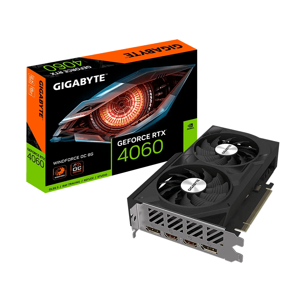 Gigabyte GIGABYTE GeForce RTX 4060 WINDFORCE OC Graphics Card, 8GB GDDR6 128bit Memory, 2475 MHz Core Clock, 3072 CUDA Cores, PCI-E 4.0 DP 1.4a*2 / HDMI 2.1a*2 | GV-N4060WF2OC-8GD - product view 1 of 7