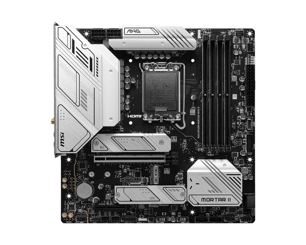 MSI  MSI MAG B760M MORTAR WIFI II LGA1700 mATX Motherboard, Intel B760 Chipset, 4x DDR5 /192GB Max Memory, 2x PCI-E x16, Wi-Fi 6E / 2.5Gbps LAN / BT V5.3, HDMI / DP1.4, USB 3.2 Type-C / A | 911-7E13-001 - product view 1 of 5