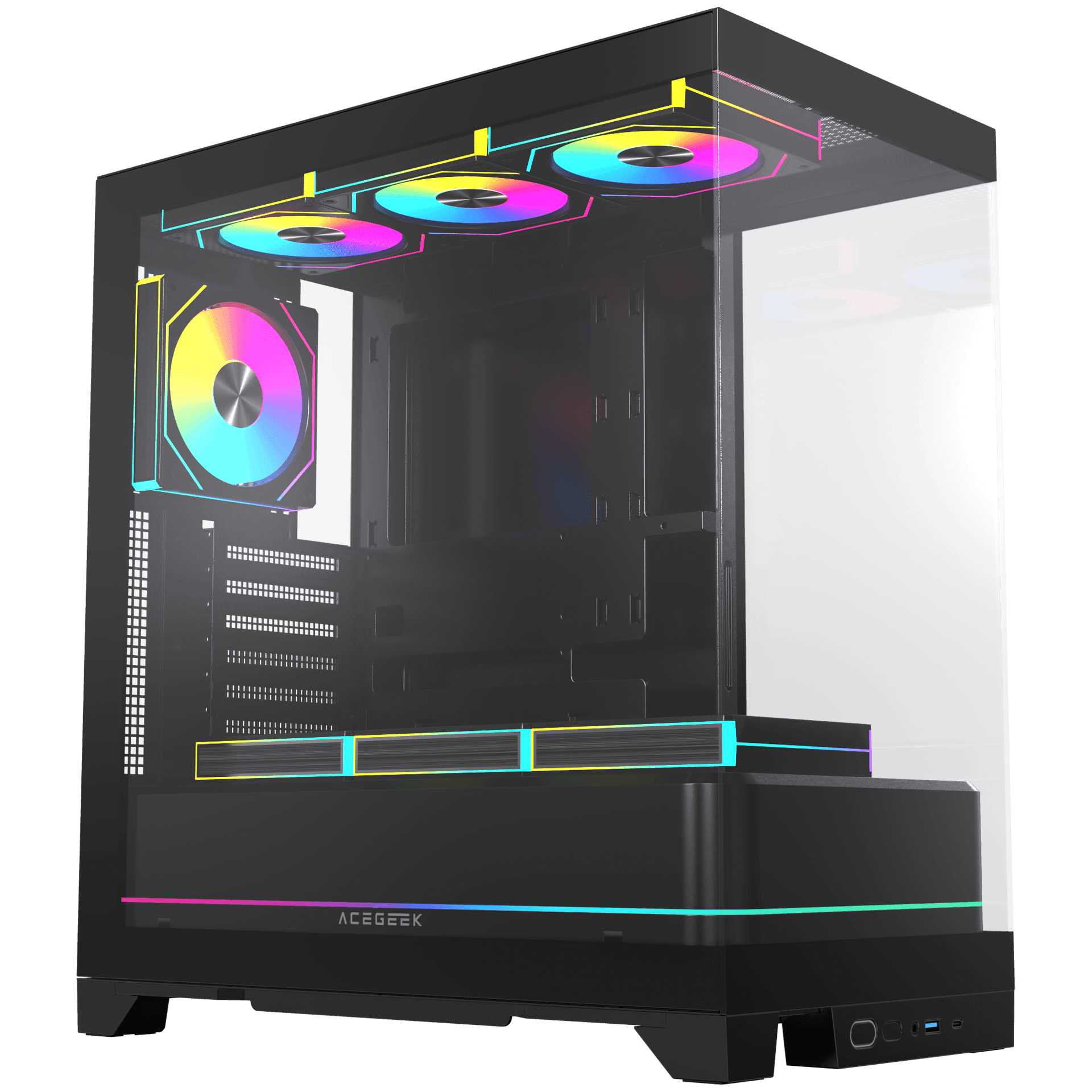 Acegeek RGB Midtower Black Gaming Case, 7x Pre-installed RGB Fans, 3 Sided View, E-ATX/ATX/M-ATX/ITX Motherboard Support, 360mm AIO Radiator Support,  420mm Max GPU image