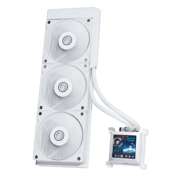 Lian Li HydroShift LCD 360S AIO White Liquid Cooler, 2.88???LCD Screen, 3800RPM (Max.) Pump Speed, 5 mm H2O???Max.) Air Pressure, 73.14 CFM???Max.) Air Flow, FDB Bearing | HSLCD36SW WHITE image