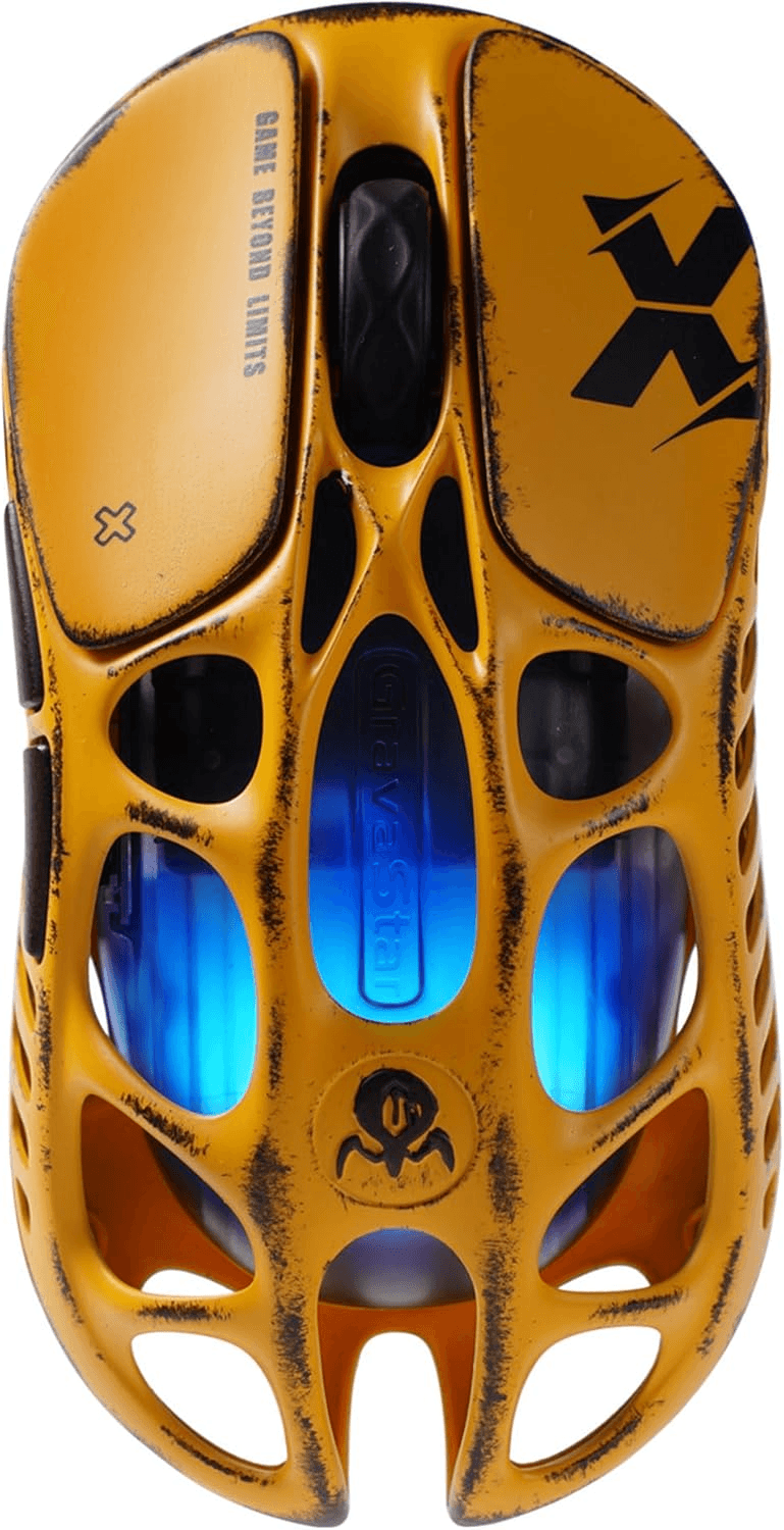 GravaStar Mercury X (1000Hz) Wireless Gaming Mouse Special Edition Battle Worn Yellow, 5 Programmable Buttons, Dynamic RGB Lighting, Tri-Mode Connectivity, Equipped with IC Chip BK CX52850 | GSX_YLW image