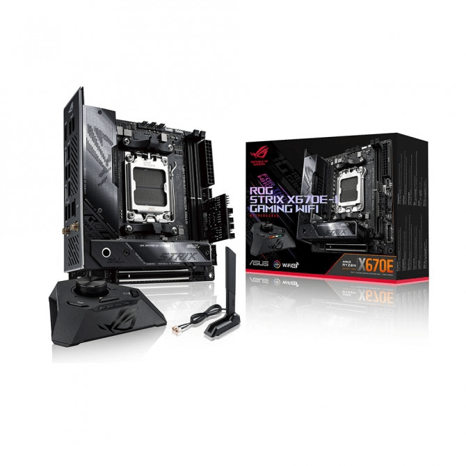 Asus ASUS ROG Strix X670E-I Gaming WIFI Motherboard, Mini-ITX, AMD Socket AM5 (Ryzen 9000/8000/7000), DDR5, PCIe 5.0, WiFi 6E, USB4®, ROG Strix Hive | 90MB1B70-M0EAY0 - product view 1 of 5