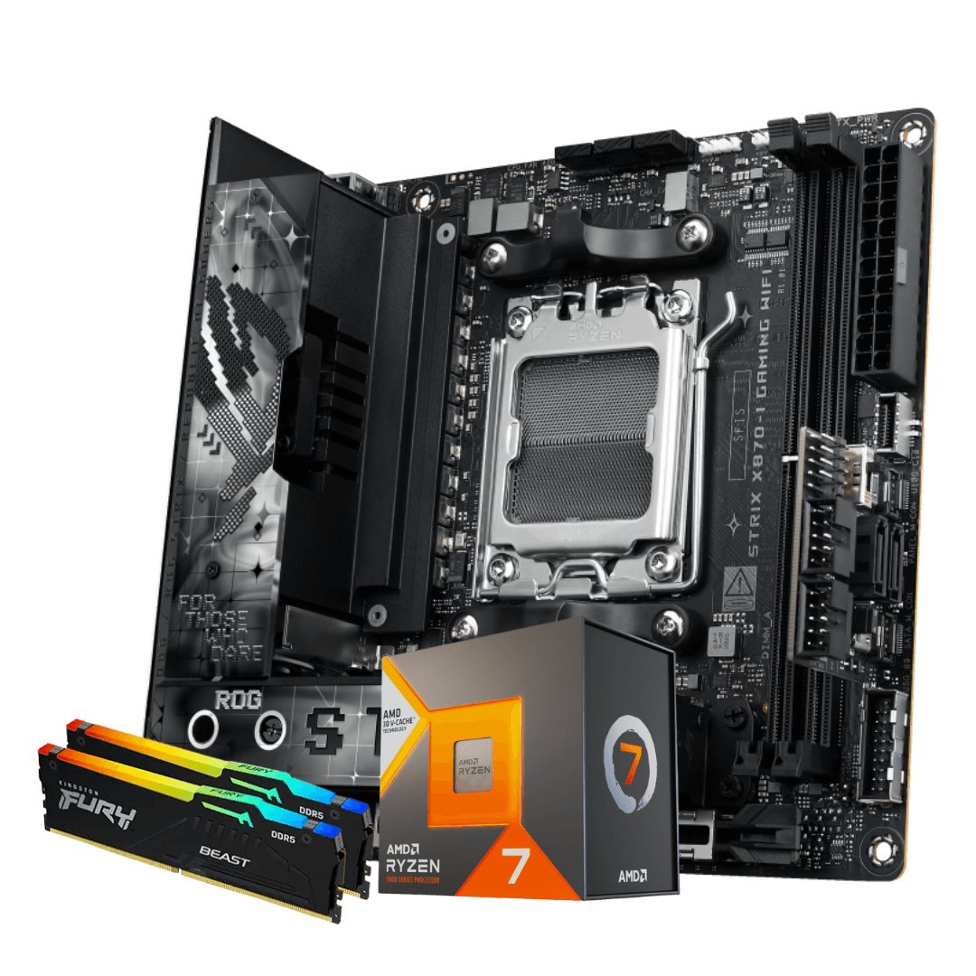 ROG X3D Mini ITX Gaming Bundle, AMD 7800X3D Desktop Processor, ROG STRIX X870-I GAMING WIFI Mini ITX Motherboard, 32GB (2x 16GB) 6000 MTs DDR5 DRAM image