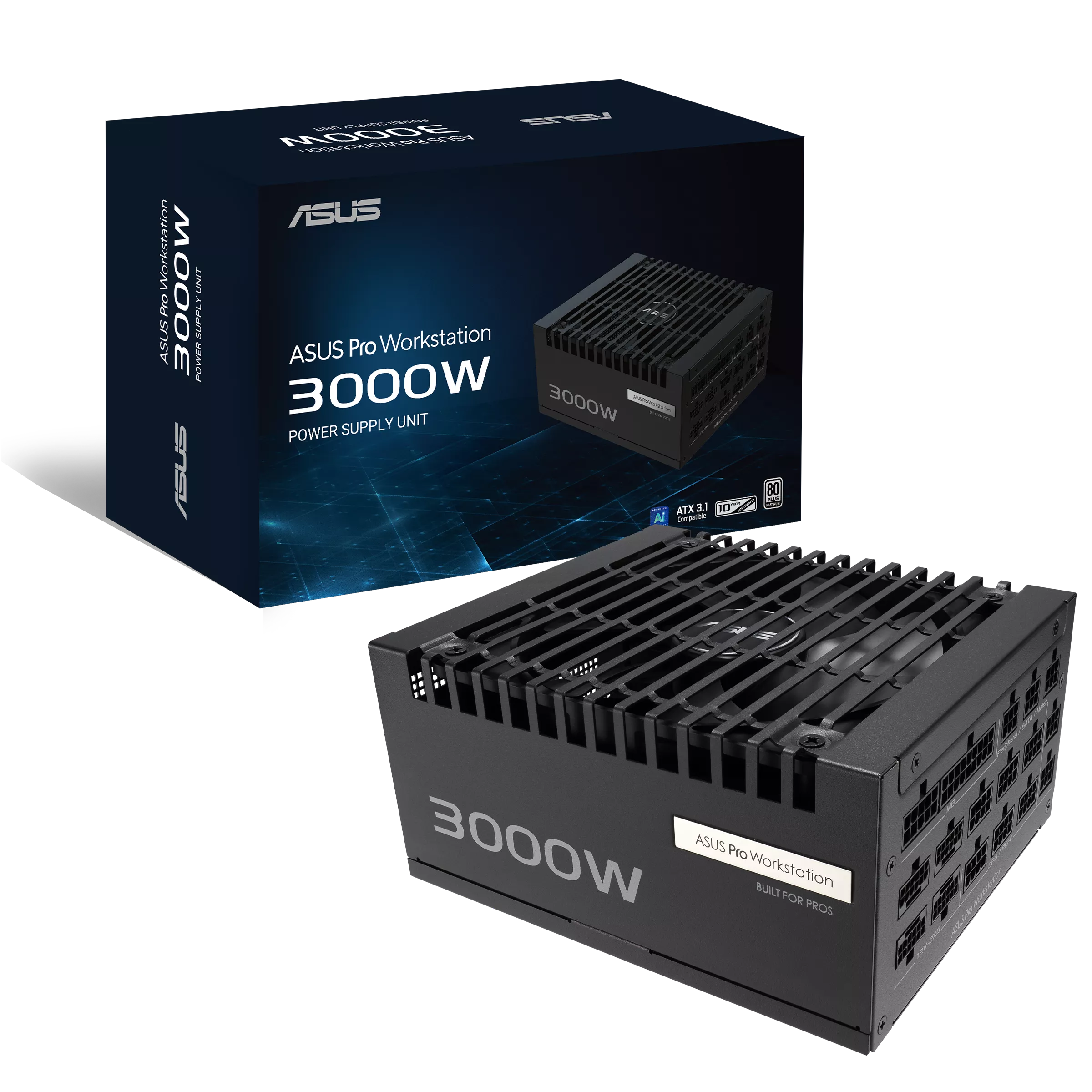 ASUS Pro WS 3000W Platinum Power Supply PSU, Heavy-duty PSU, ATX 3.1 compatible, PCIe 5.1 ready, Dual-ball fan bearings, 80 PLUS Platinum certified, Supports up to 4x GeForce RTX 5090 Graphics Cards |  90YE00Z0-B0EA00 image