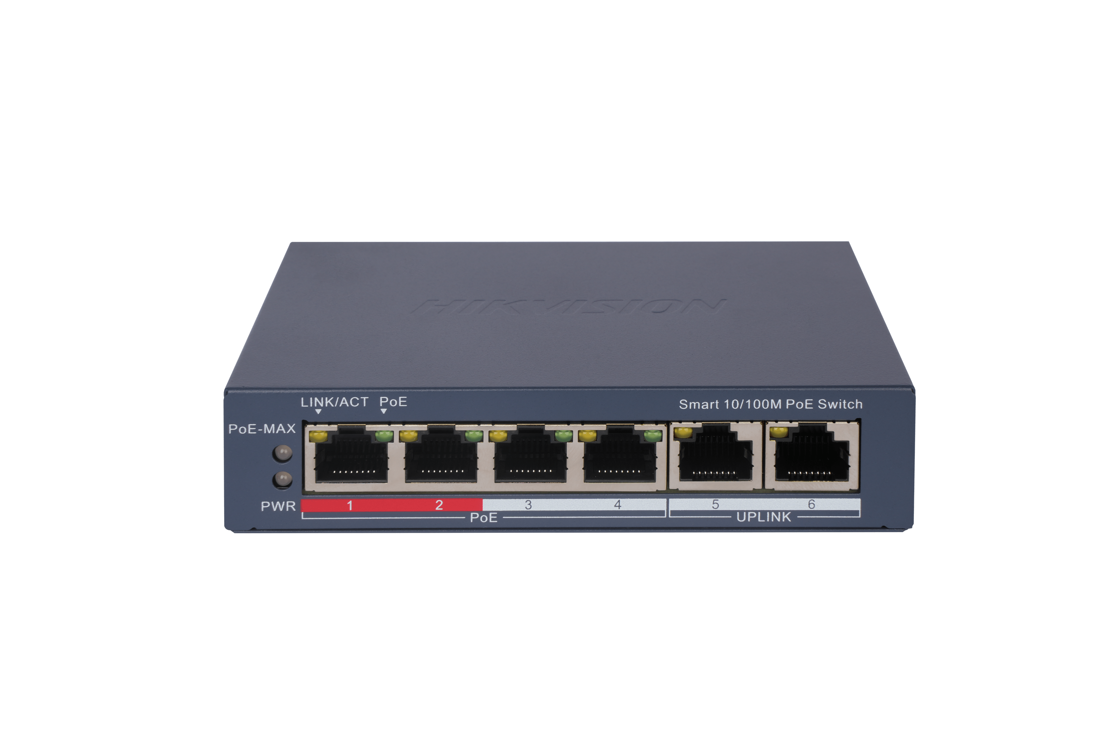 Hikvision DS-3E1106P-EI 4 Port Fast Ethernet Smart POE Switch, 4× 10/100 Mbps PoE port, 2× 10/100 Mbps RJ45 port image